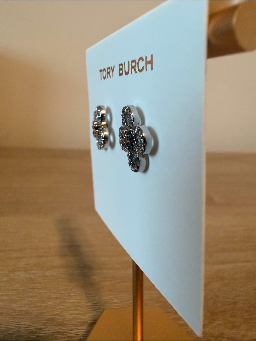 Tory Burch Gunmetal Floral Pavé Stud Earrings Logo Stud Earrings Silver Tone NWT - Picture 3 of 6